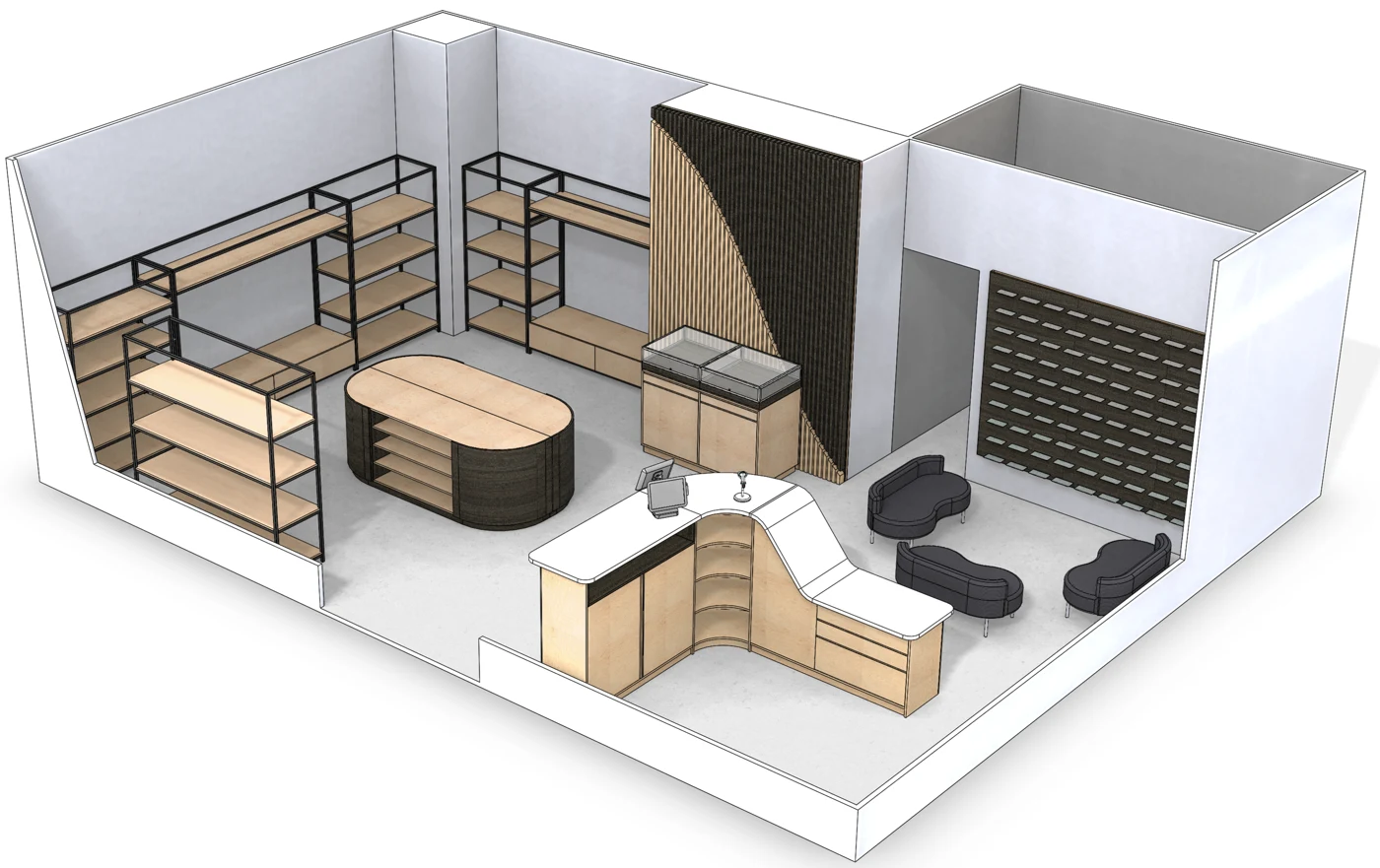 3D návrh vybavení prodejny s nábytkem a zakřivenými prvky