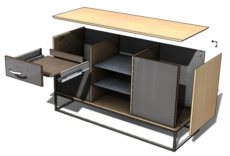 Rozložený 3D model nábytkové komody s viditelnou konstrukcí, zásuvkami a kováním